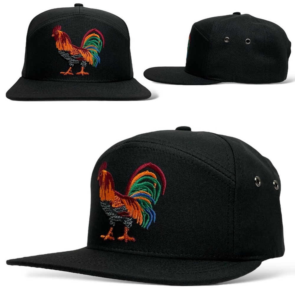 Rooster Gallo Snapback Cap, Embroidered, Black, Flat Brim